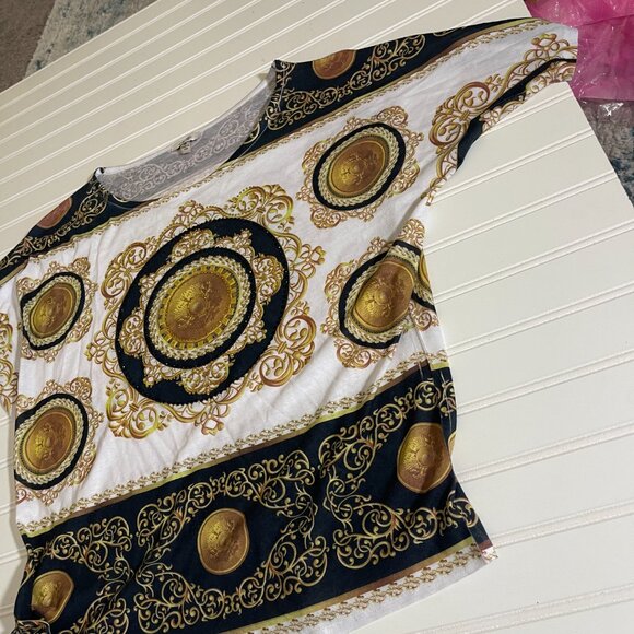 CACHE Sz M Black/White Baroque & Chain Lightweight Knit Tunic Top - Picture 6 of 11